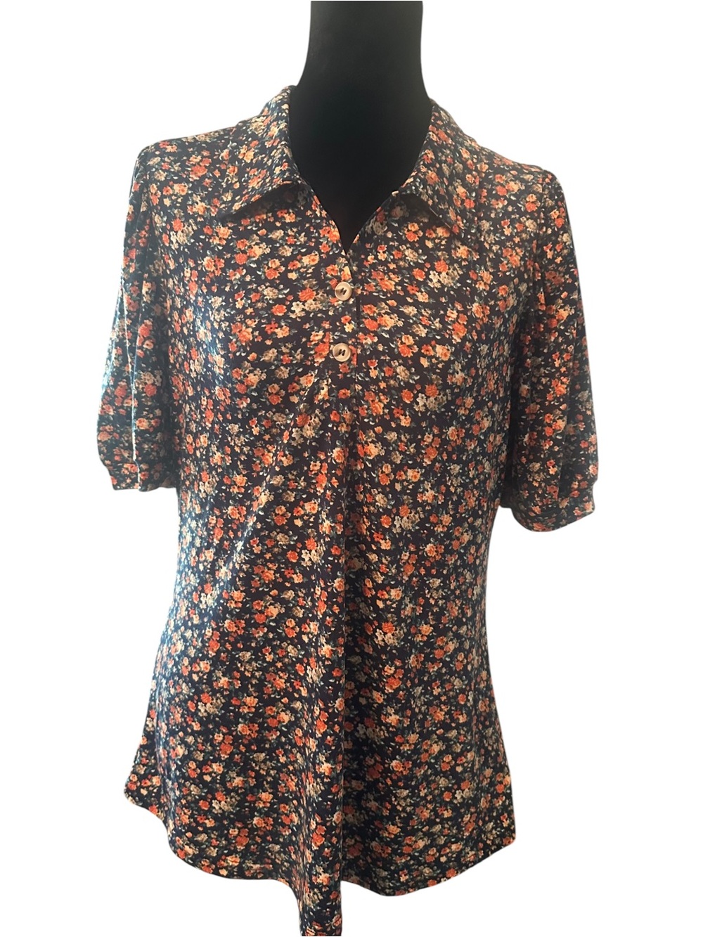 Women's Floral Polo Blouse in Navy and Coral